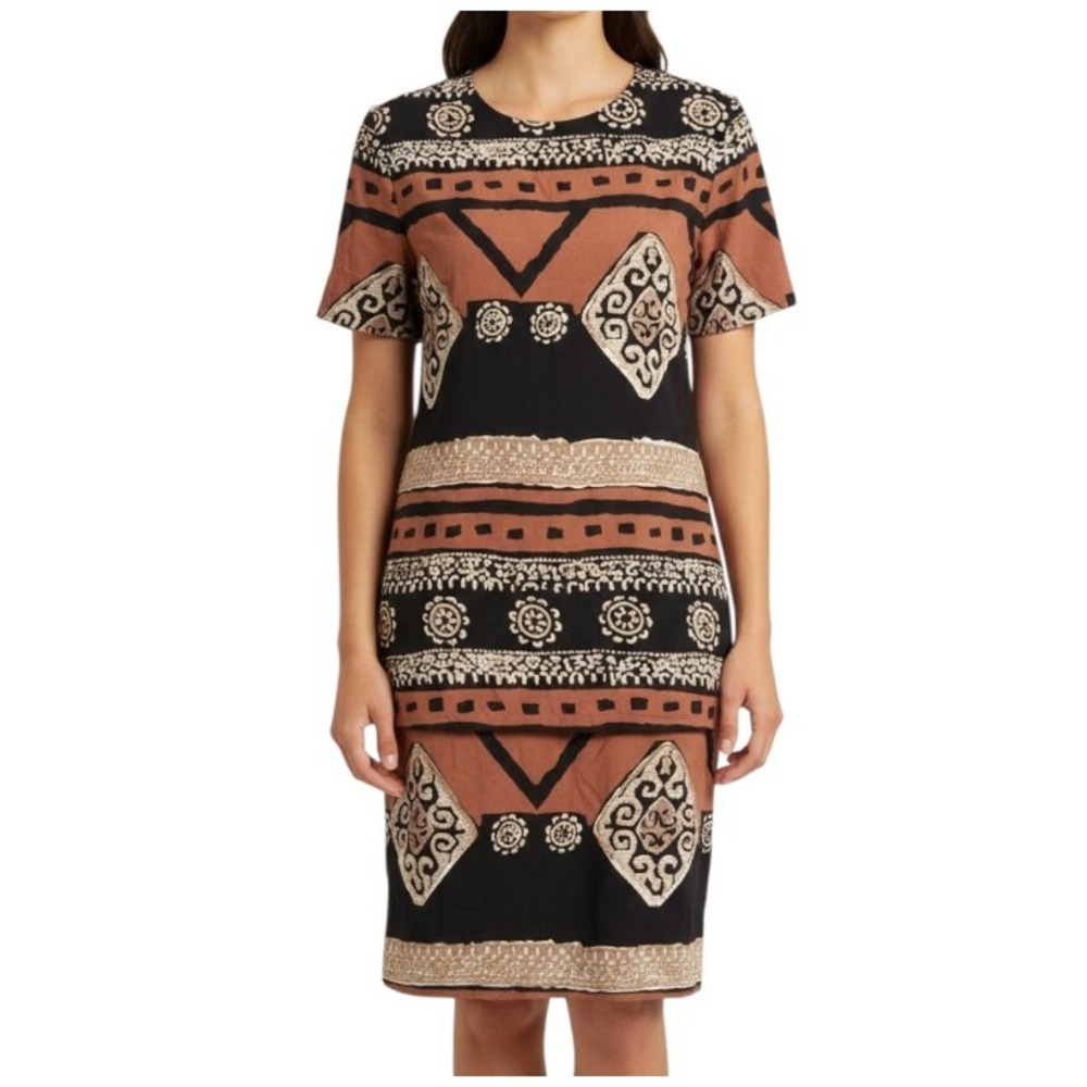 VTG STEPHANIE ERIN Sheath Dress BLACK/BROWN BOHO PRINT Layered Twill SZ 10